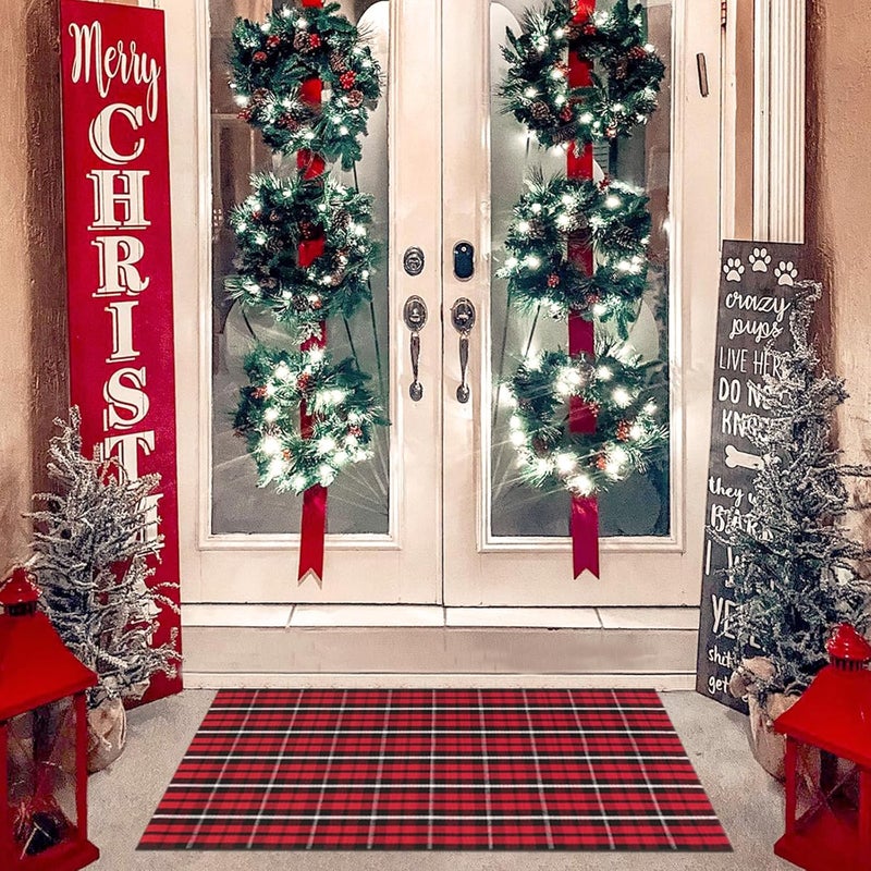 Fallovea Christmas Rugs Red and Black Plaid, 24'' x 52'' Area Rugs Outdoor Indoor Front Porch Doormat Cotton Hand-Woven Layered Door Mats for Entryway Patio Entryway Laundry Bedroom Living Room - Image 1